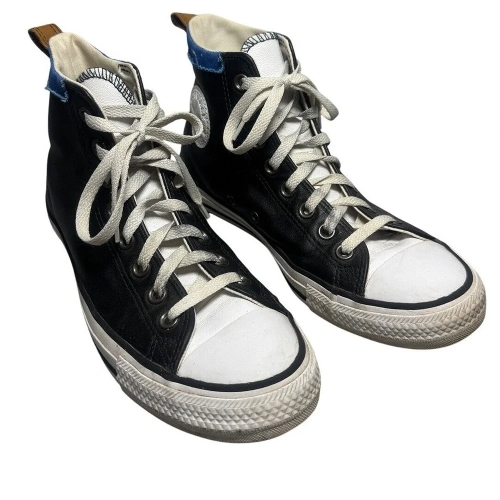 Converse‎ Chuck Taylor All Star High Top Black Leather Blue Trim M 6.5/ W 8.5